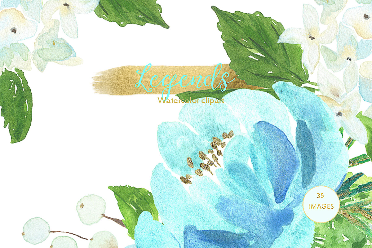Gold and blue. Watercolor flowers., an Illustration by LABFcreations (Photo 5 of 6)