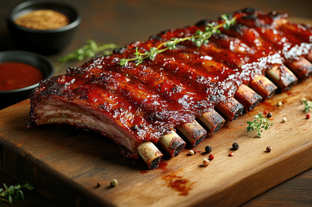 Tasty ribs on wooden board, a Photo by Beautiful things
