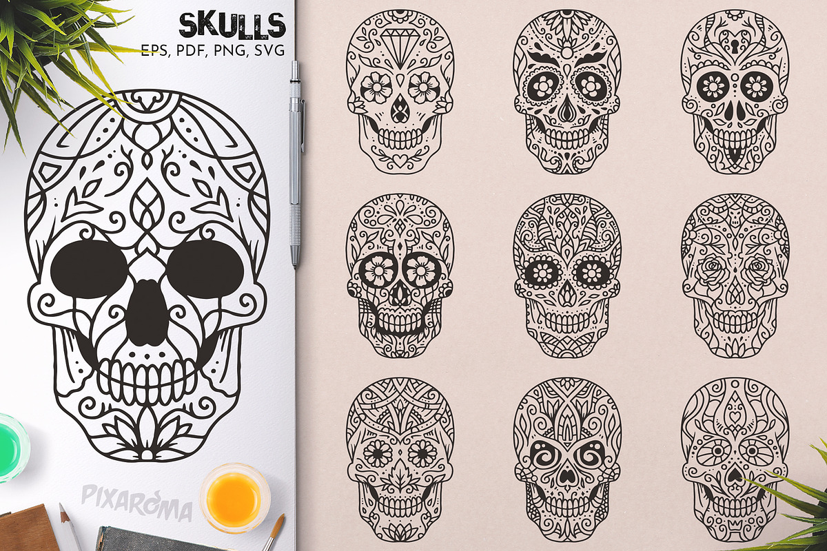 100 Decorative Vector Skulls, a Decorative Illustration by pixaroma (Photo 3 of 37)