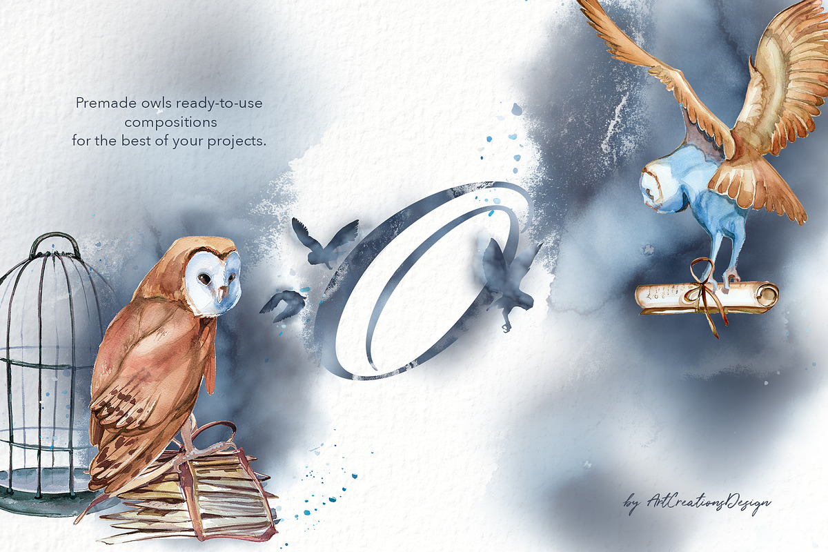 Watercolor Owl Beauty Clipart Set, an Animal Illustration by ArtCreationsDesign (Photo 4 of 11)