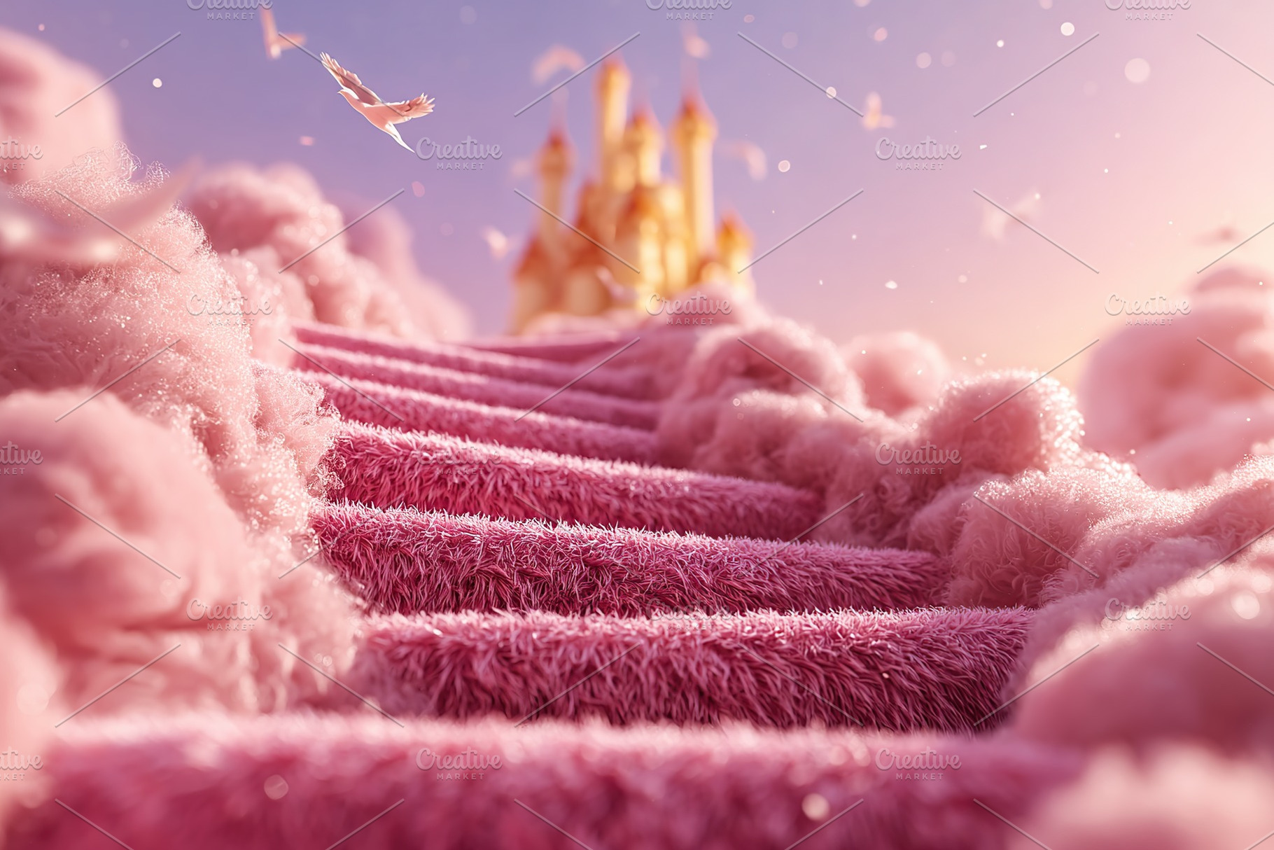 Stairway of soft clouds leading to a whimsical golden castle at sunset, a Photo by AlyaAnd