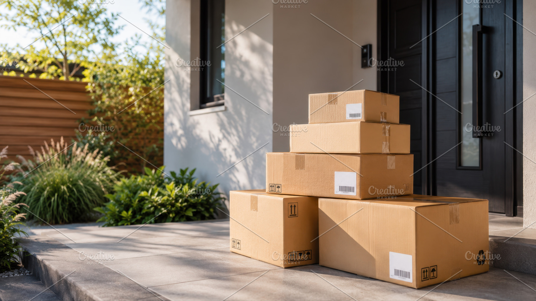 Delivery boxes on porch in sunlight, a Photo by Beautiful things