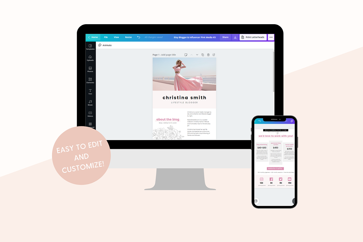3-Page Pink Media Kit Canva Template, a Presentation Template by The Template Lounge (Photo 2 of 4)