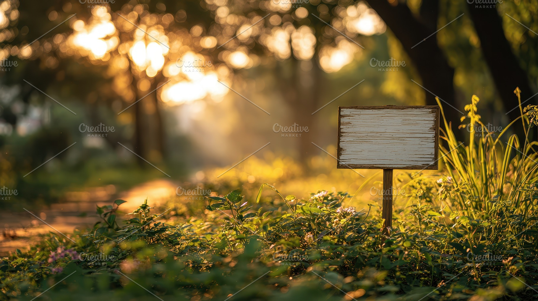 Blank wooden sign in a sunlit forest, a Photo by Pixeness Studio