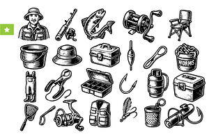 Fishing Tools and Fisherman Set, an Object Graphic by RT Studio