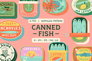 Canned Fish Graphics + Pattern, a Food Illustration by Dedraw Studio