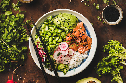 Salmon poke bowl or sushi bowl with containing food, healthy, and trendy, a Food & Drink Photo by Foxys