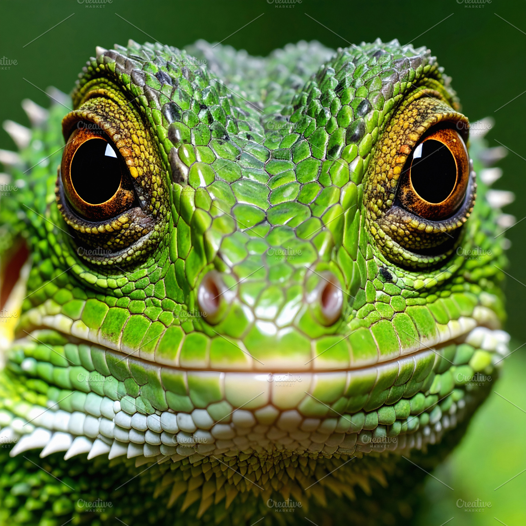Close up of a green lizard with detailed colorful scales, an Animal Photo by GoodGoods