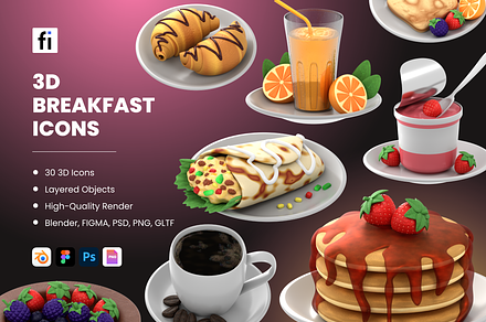 3D Breakfast Icon Set, a Food & Drink 3D Model by Flat Icons