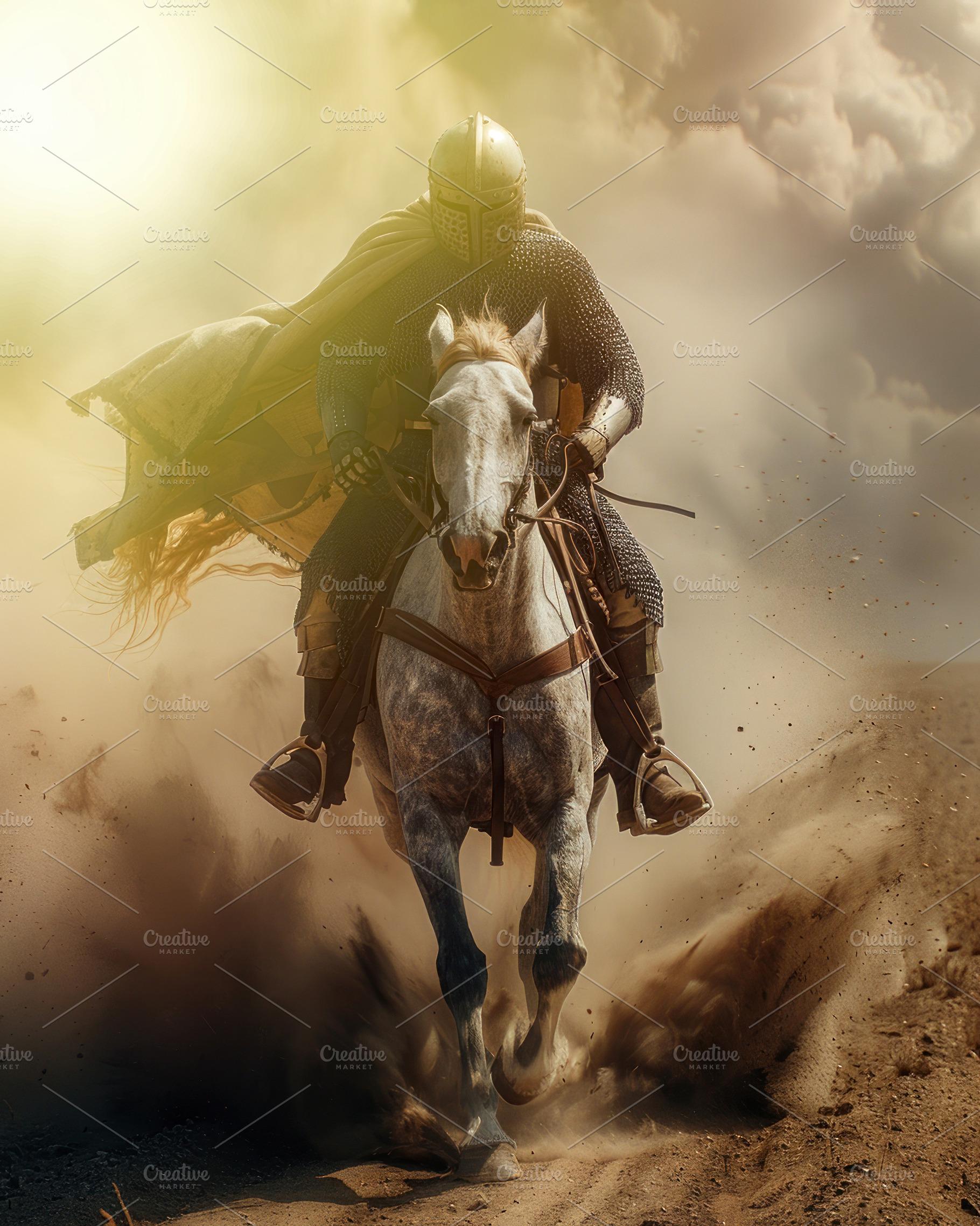 Medieval knight in full armor charging on white horse through du, a Nature Photo by José Manuel Gelpi