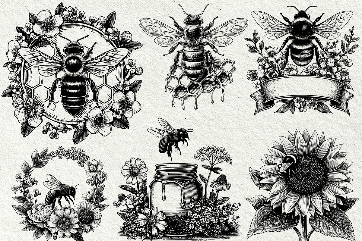 Vintage Honey Bee Illustrations, a Food Illustration by DENIDigitalArtSudio (Photo 2 of 5)