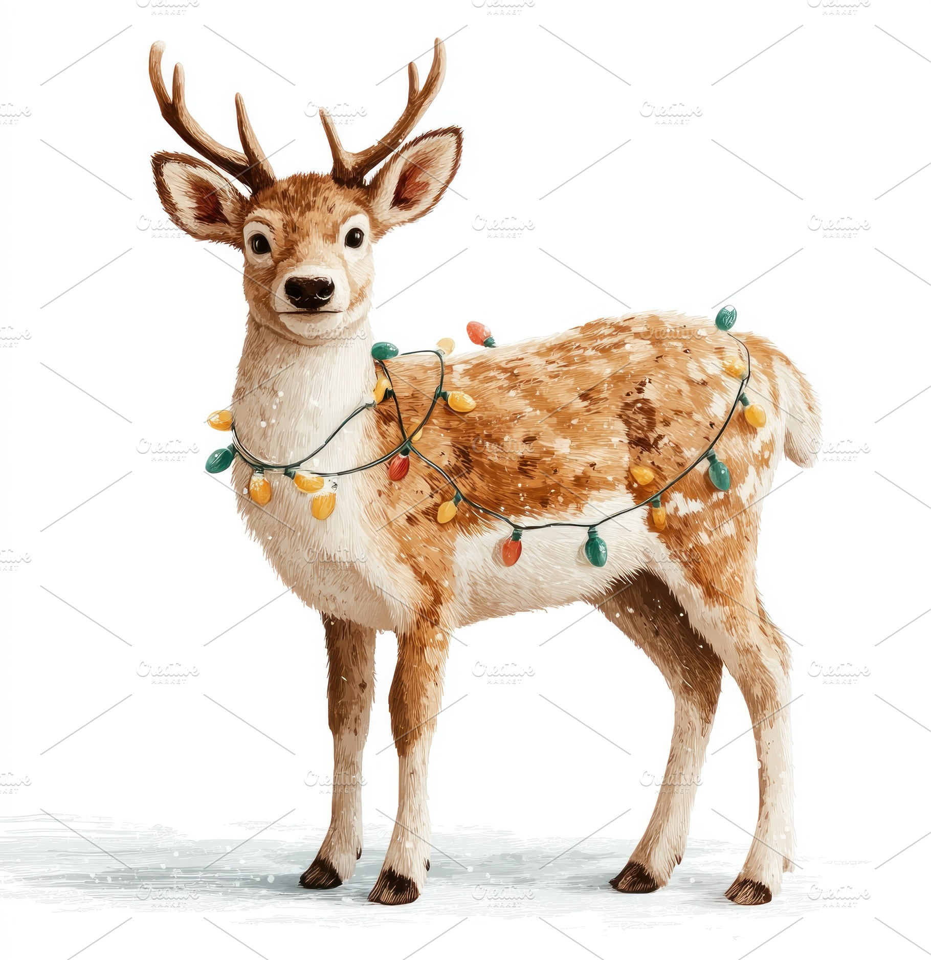 Cute reindeer standing in snow wrapped with colorful Christmas s, a Nature Photo by José Manuel Gelpi