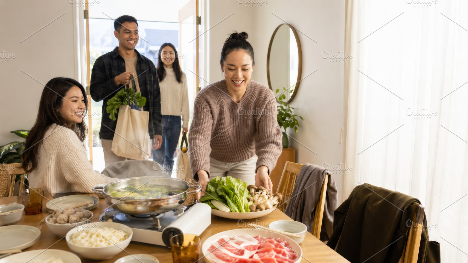 Hot pot party with cheerful friends, a Photo by Dvoevnore photos
