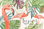 Watercolor tropical leaves flamingo, an Illustration by GrafikBoutique (Thumbnail 1 of 3)
