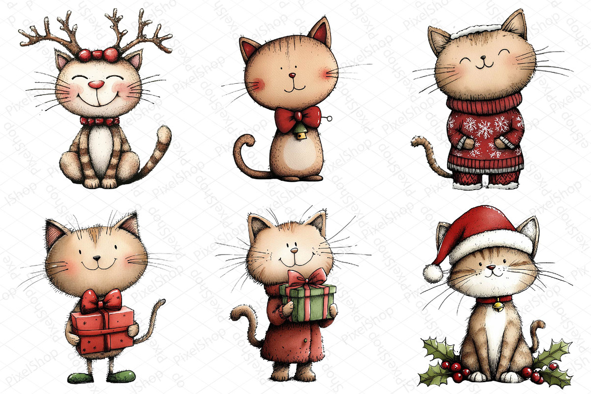 Watercolor Christmas Cats Clipart, an Illustration by DreamPrint404 (Photo 6 of 7)