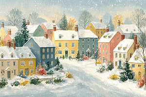Charming winter village street during a gentle snowfall, colorfu, a Decorative Illustration by Anneleven