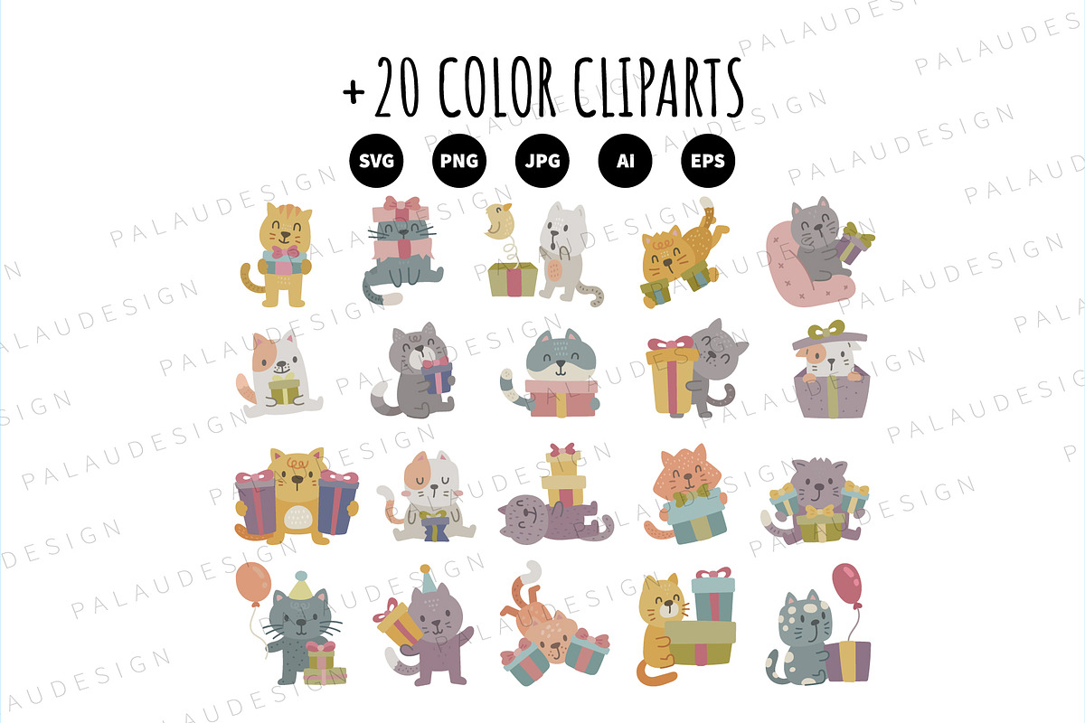 Cats Birthday Clipart Set, an Animal Illustration by Palau (Photo 8 of 10)