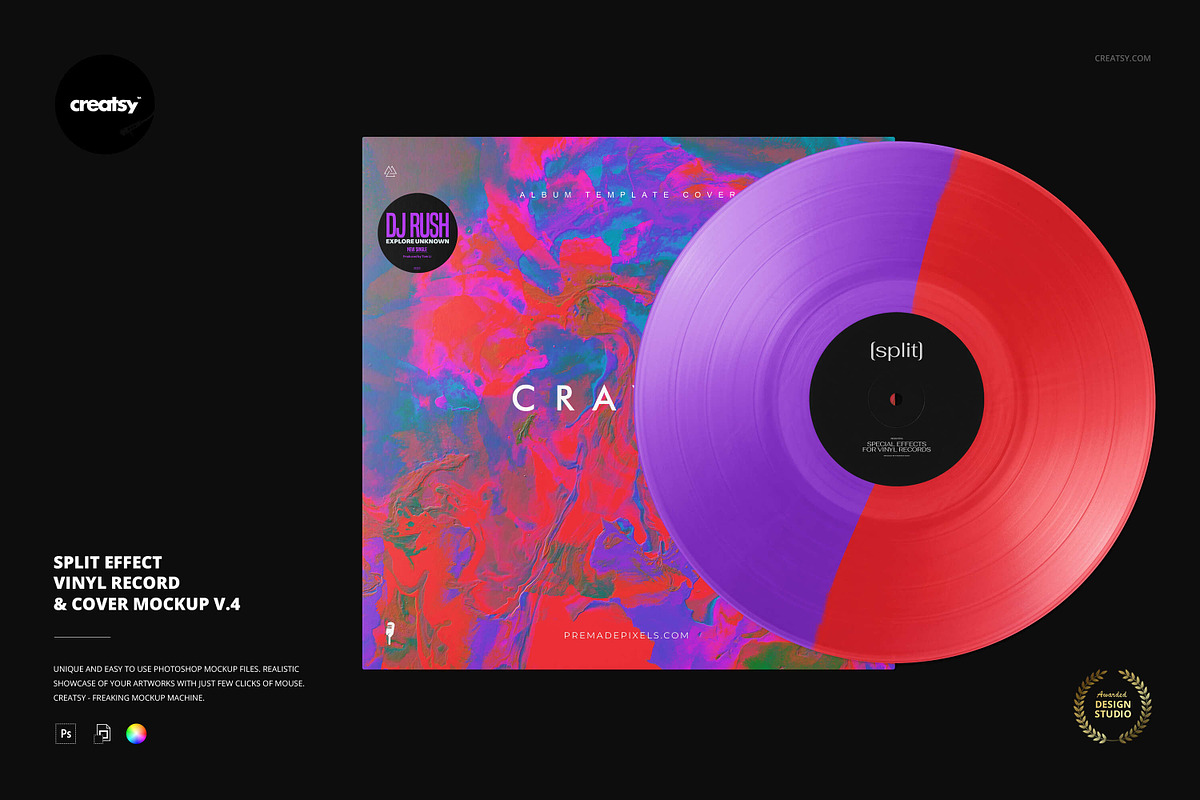 Split Vinyl Record & Cover Mockup v4, a Merchandise Mockup by creatsy5