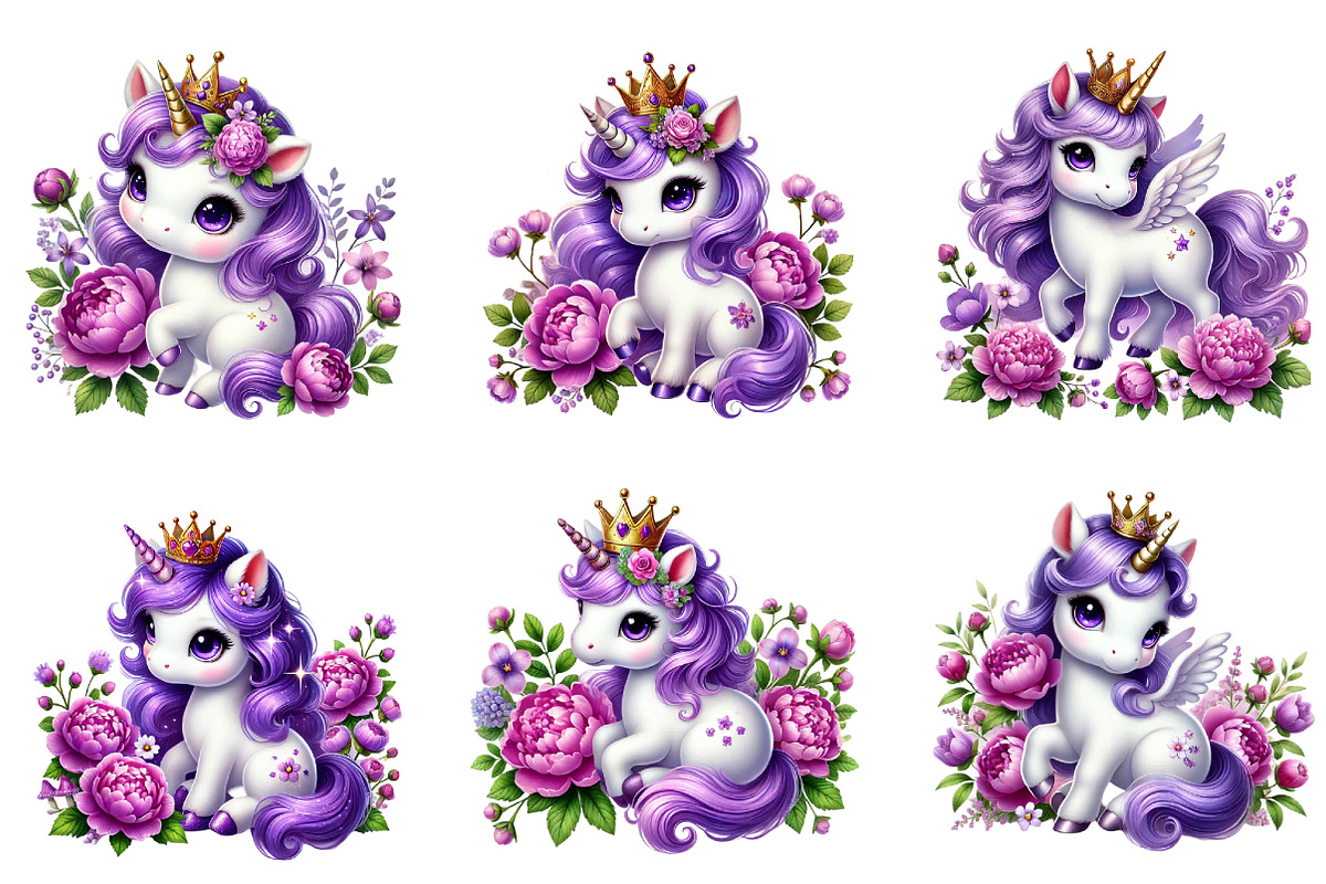Cute Purple Unicorn Clipart, an Illustration by DreamArtGraphic (Photo 3 of 5)