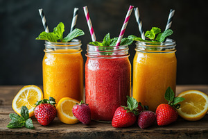 Refreshing fruit smoothies in mason, a Food & Drink Photo by Pixeness Studio