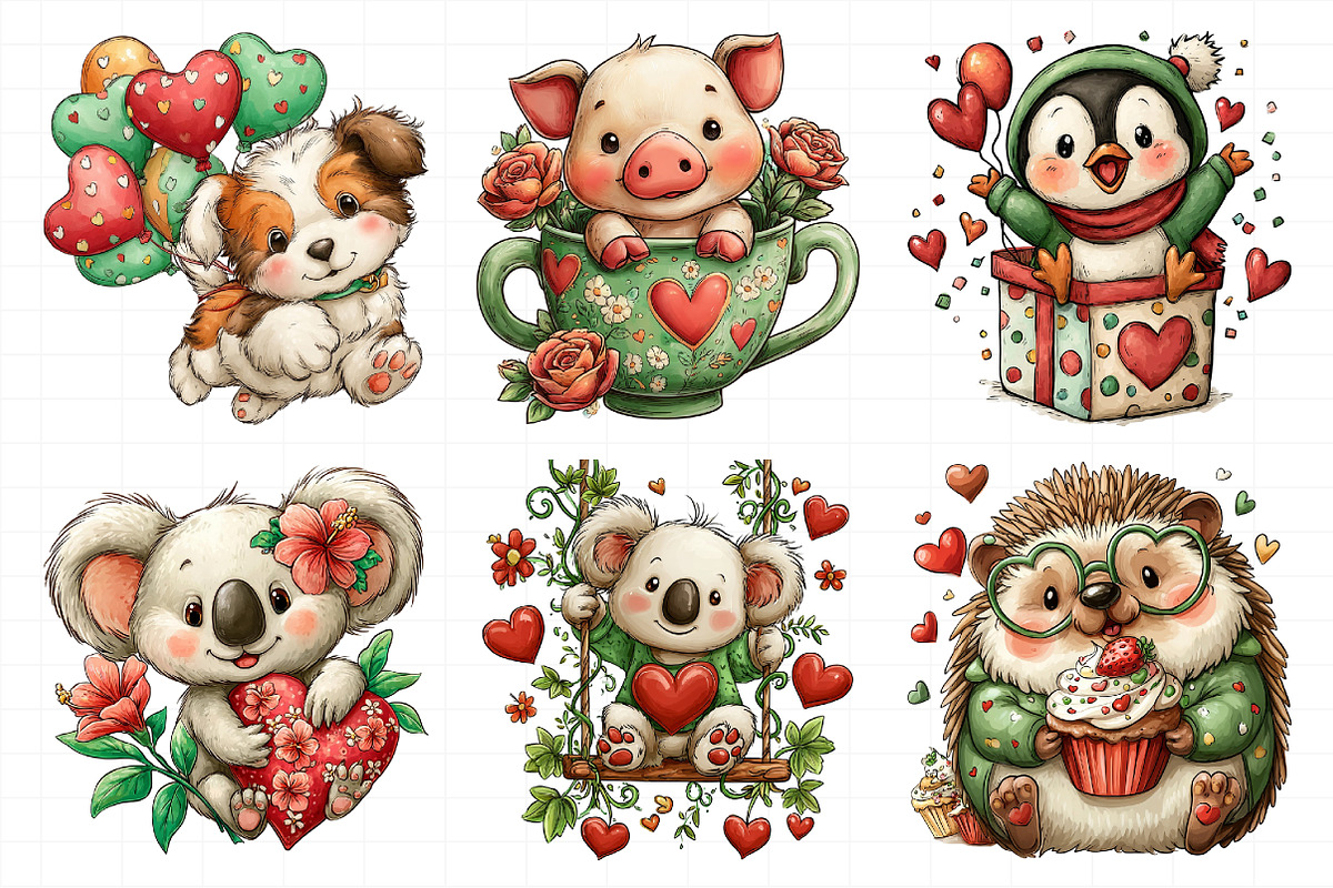 Valentine Animals Watercolor Clipart, an Illustration by Daily.Designs (Photo 3 of 8)