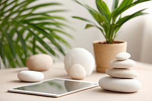 Modern tablet on stand surrounded by decorative stones and indoor plant in brig, an Abstract Photo by AlyaAnd
