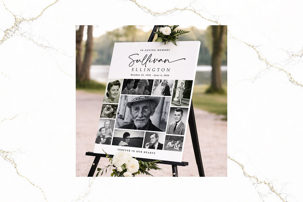 Funeral Photo Collage BW Canva FR003, a Poster Template by TyphoonStudio (Photo 4 of 8)