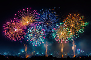 Vibrant Fireworks Display over City, a Photo by Pixeness Studio