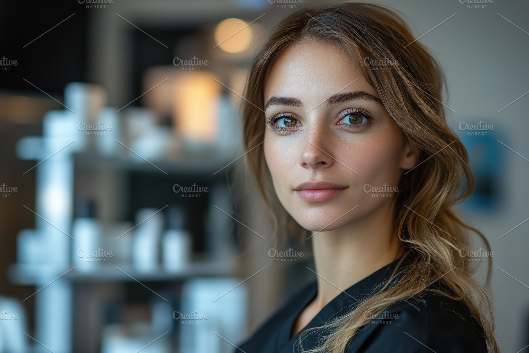 A young woman esthetic technologist with long, wavy hair and natural makeup, we, a Person Photo by Textures & Backgrounds