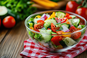Fresh salad with vegetables in bowl, organic healthy food, a Food & Drink Photo by AlyaAnd