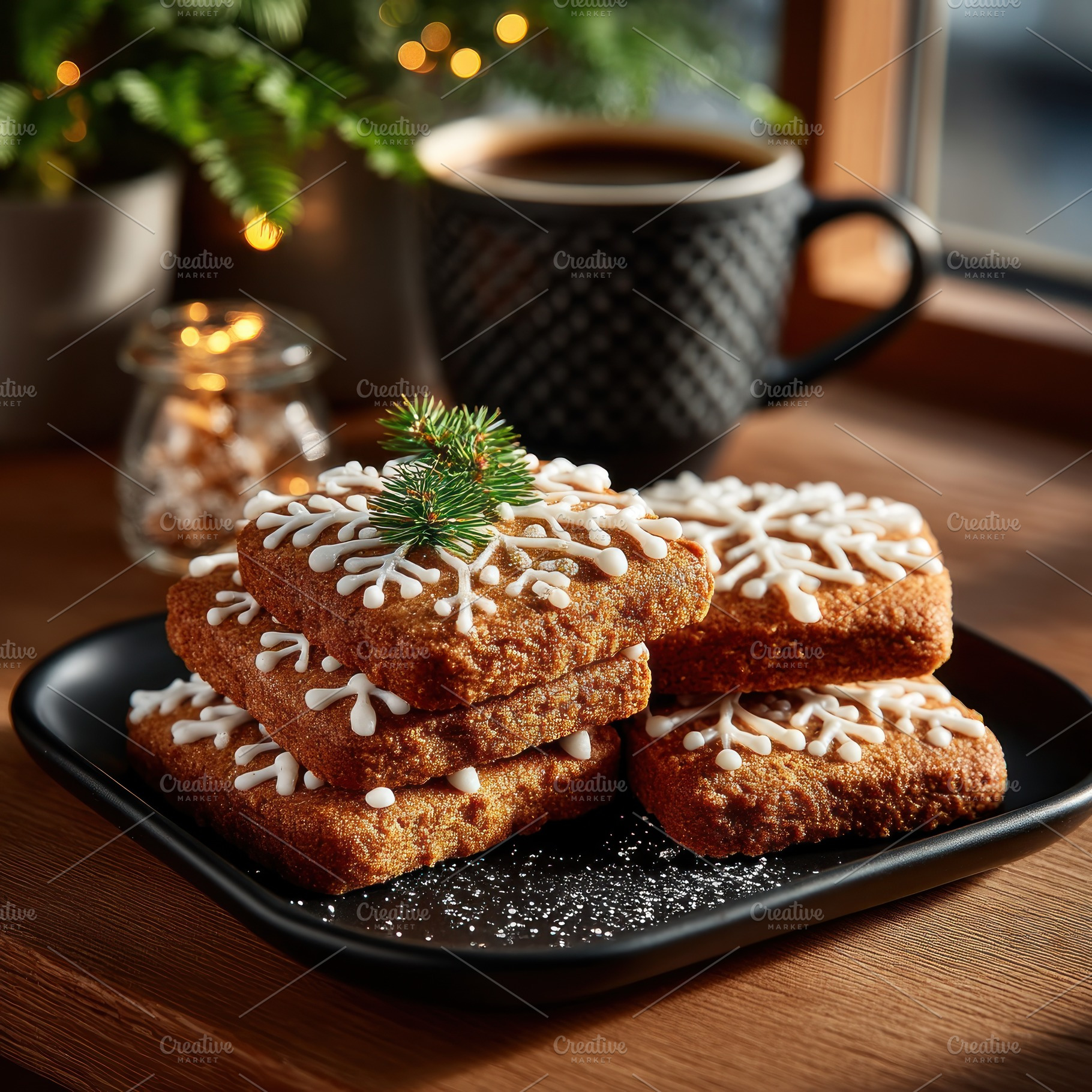 Square gingerbread cookies with snowflake icing on black plate n, a Holiday Photo by José Manuel Gelpi