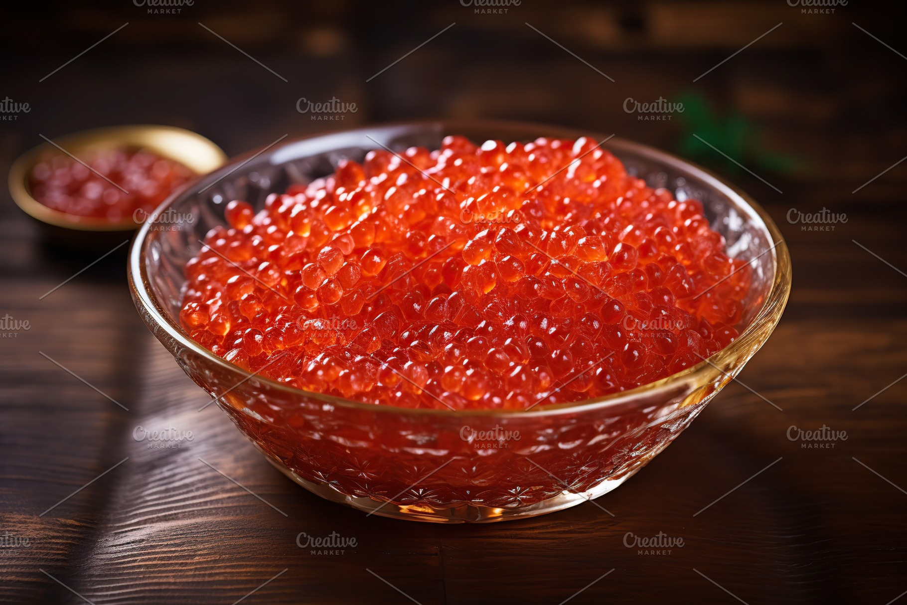 Fresh red caviar in bowl on wooden background, a Food & Drink Photo by AlyaAnd