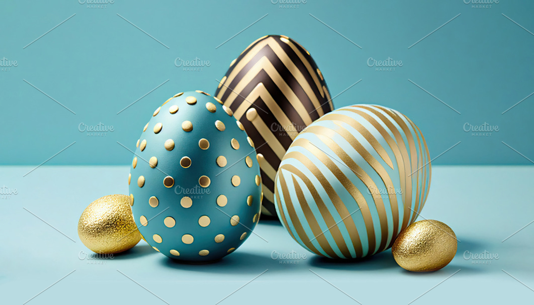 Easter eggs decorated with gold and blue colors. Generative AI, a Holiday Photo by OSORIOartist