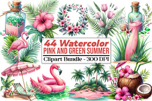 Pink and Green Summer Clipart, an Illustration by DreamCafeArt