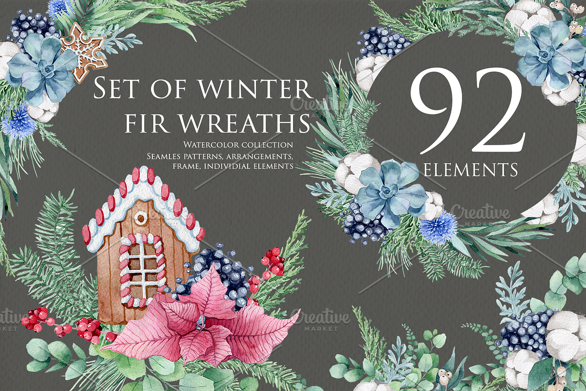 Watercolor set of winter fir wreaths, a Decorative Illustration by Antikva17 (Photo 1 of 7)