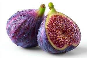 Two ripe figs one sliced showing see, a Photo by Pixeness Studio