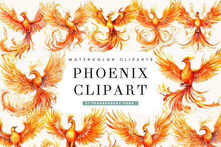 Watercolor Phoenix Clipart Bundle, an Animal Illustration by BusyDaydesign