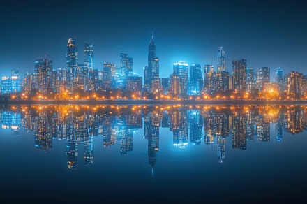 Nighttime cityscape mirroring in wat, a Background Photo by Pixeness