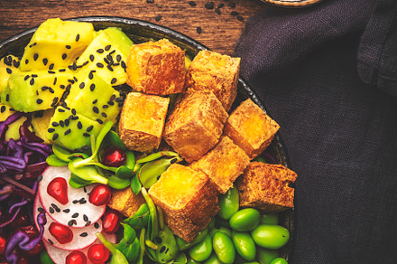 Vegan buddha bowl with red quinoa, fried tofu, avocado, edamame, a Food & Drink Photo by 5PH