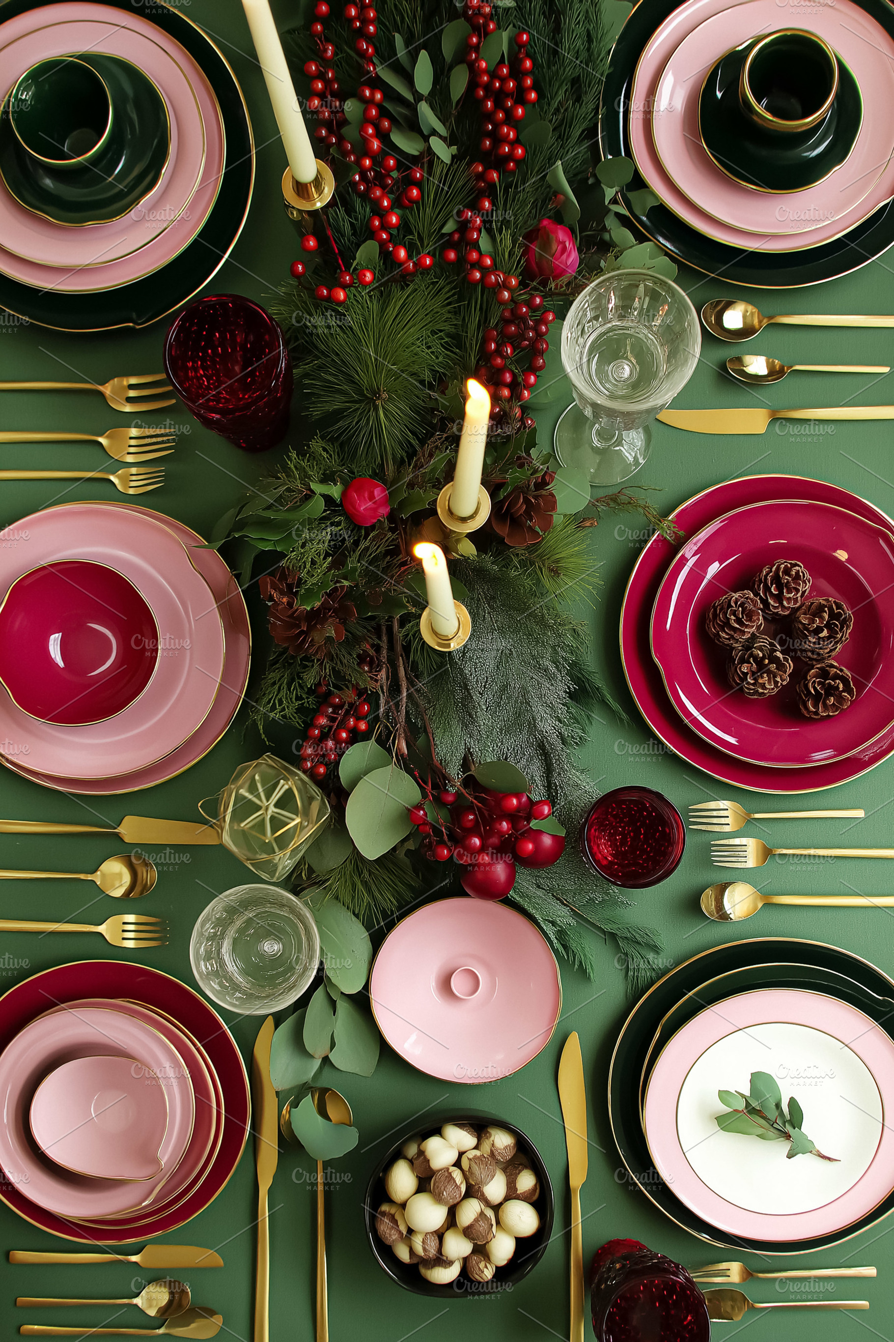 Elegant Christmas dining table setting with pink, green, and gold colors, celeb, a Food & Drink Photo by Studio ANNA