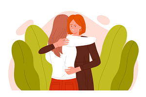 Two Women Embracing With Hidden, a Person Illustration by Flashvector
