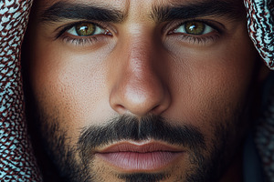 A close-up portrait of a arabic man with striking green eyes and a well-groomed, a Person Photo by Textures & Backgrounds