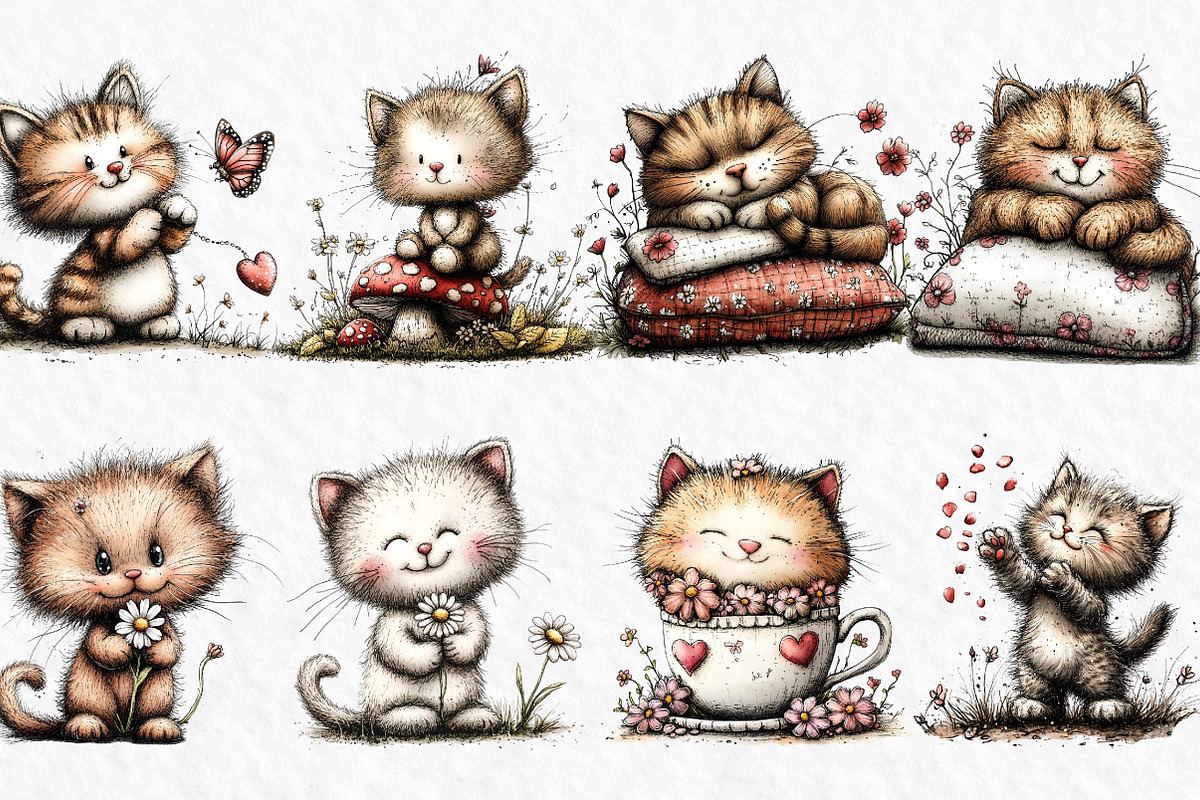 Whimsical Spring Cat Clipart Png, an Illustration by Watercolor design (Photo 2 of 6)