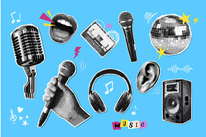 Music halftone collage. Microphone, an Illustration by Stock-Smart-Start