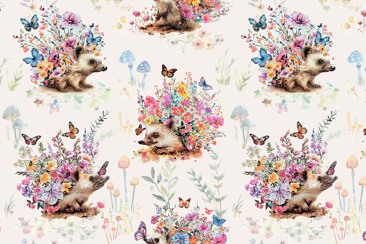 Blooming hedgehogs seamless pattern, a Pattern Graphic by YvY (Photo 1 of 3)