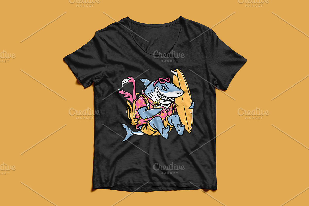 shark holding a surfboard, an Animal Illustration by gunaonedesign (Photo 3 of 5)