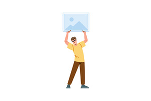 Man holding landscape photo above, a Person Illustration by pikepicture