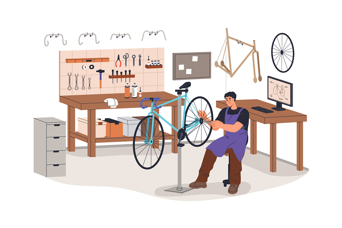 Bicycle repair service. Bike fixing, a Transportation Illustration by Good Studio (Photo 3 of 5)