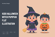 Kids Halloween Witch Pumpkin Flat, a Seasonal Illustration by Partikusi Design (Thumbnail 1 of 3)