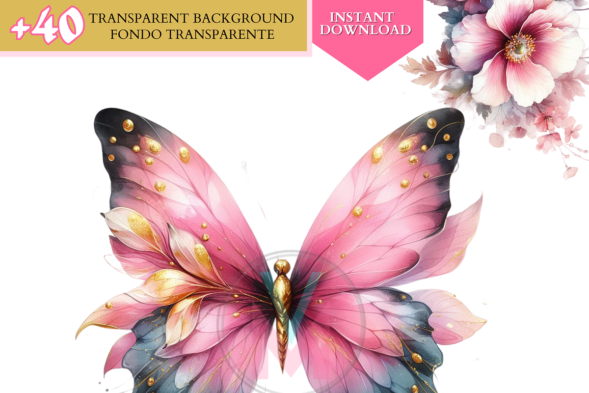 Watercolor Pink butterflies clipart, a Decorative Illustration by VM PARTYS  BY TAIRUMA (Photo 5 of 8)